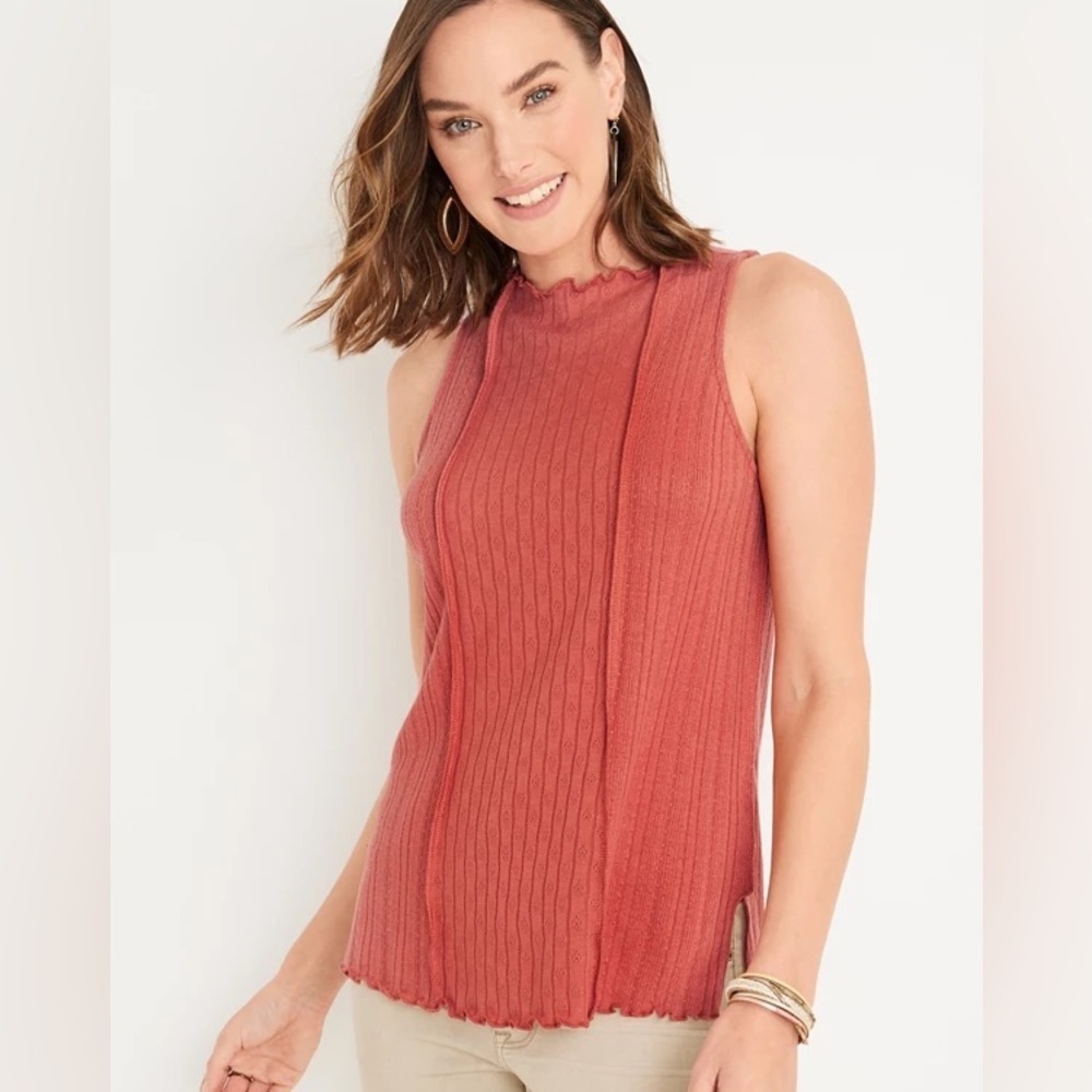 Maurices Solid Mock Neck Lettuce-Edge Trim Burnt Orange Coral Tank Size Med